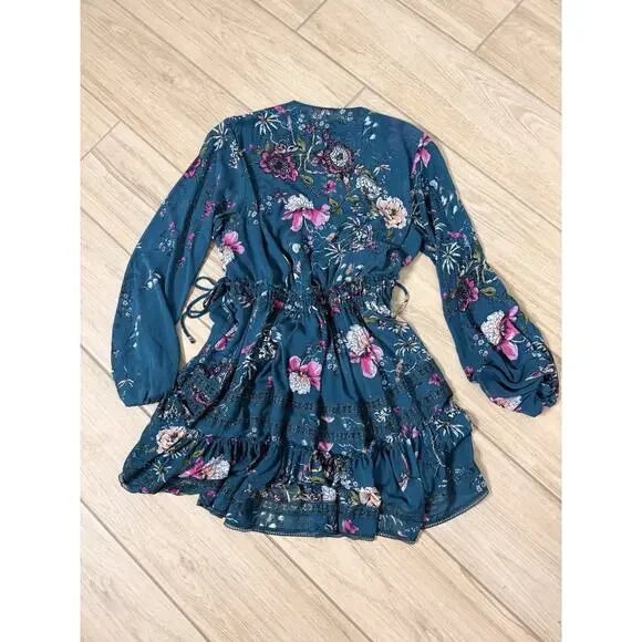 Free People Floral Chiffon Mini Dress Size M Teal Green Ruffle Boho Sleeve - Picture 4 of 4